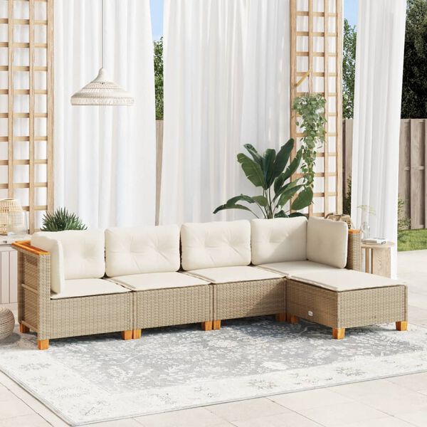 vidaXL 5-delige Loungeset met kussens poly rattan beige