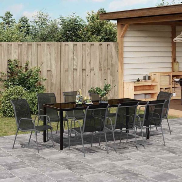 vidaXL Tuin eettafelset 9 pcs Zwart Gepoedercoat staal