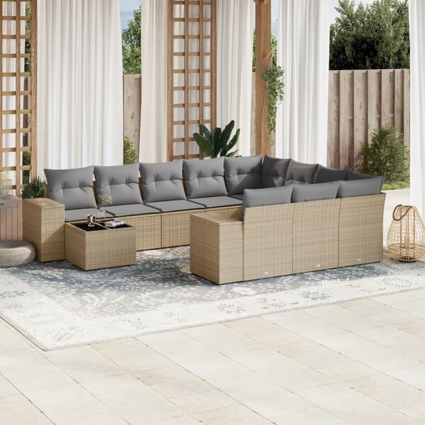 vidaXL 11-delige Tuinset met kussens poly rattan beige