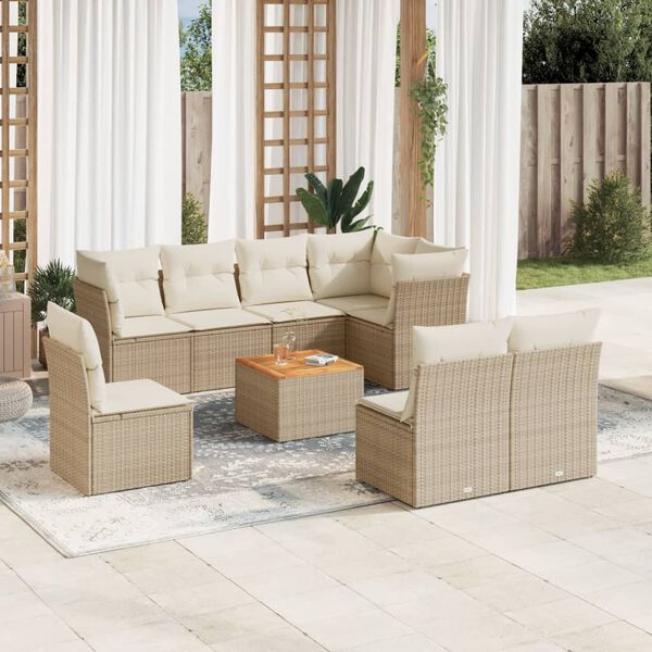vidaXL 9-delige Loungeset met kussens poly rattan beige