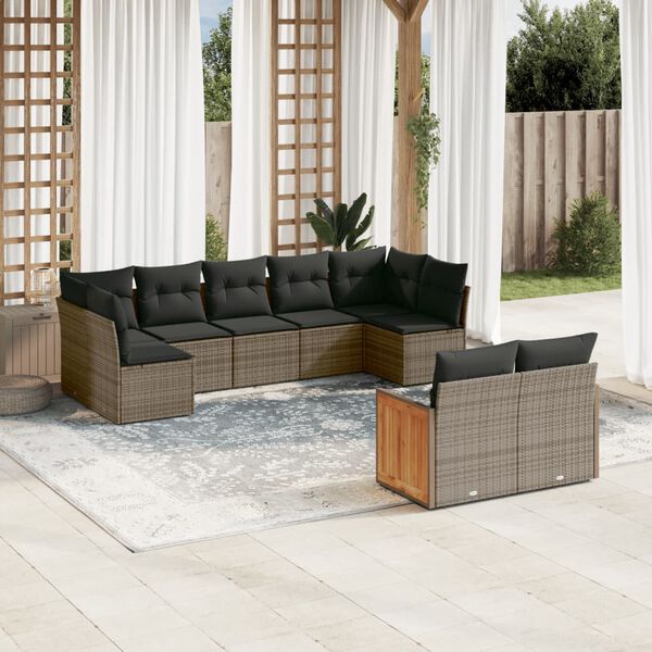 vidaXL 9-delige Loungeset met kussens poly rattan grijs