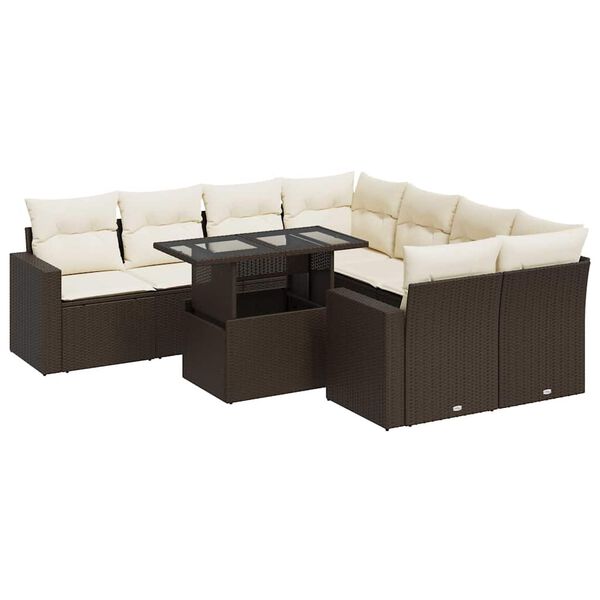 vidaXL 9-delige Loungeset met kussens poly rattan bruin