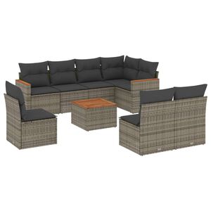 vidaXL 9-delige Loungeset met kussens poly rattan grijs