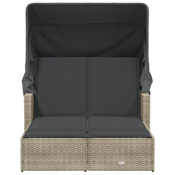 vidaXL Ligbed 2-persoons met luifel en kussens poly rattan lichtgrijs