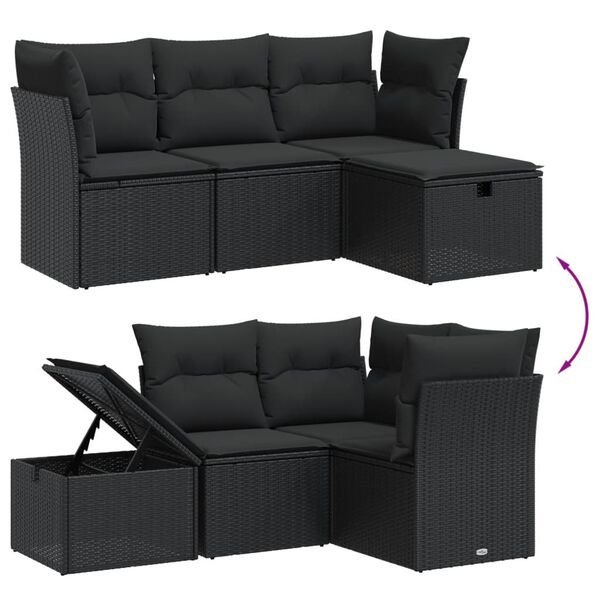 vidaXL 4-delige Loungeset met kussens poly rattan zwart