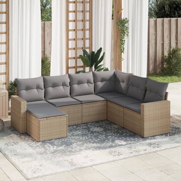vidaXL 7-delige Loungeset met kussens poly rattan beige