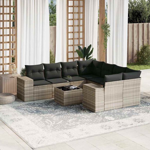vidaXL 9-delige Loungeset met kussens poly rattan lichtgrijs