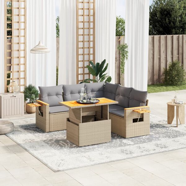 vidaXL 6-delige Loungeset met kussens poly rattan beige