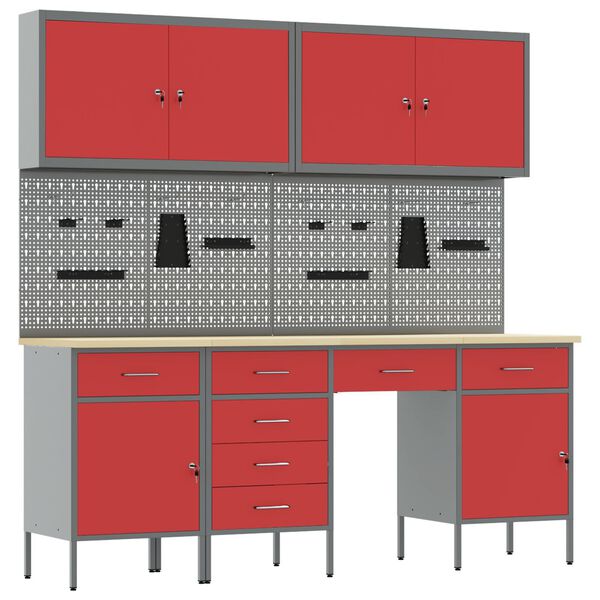 vidaXL Werkbank met lade met slot 10 pcs Rood 200 x 55 x 200 cm Staal