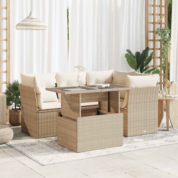 vidaXL 5-delige Loungeset met kussens poly rattan beige