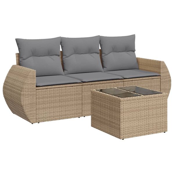 vidaXL 4-delige Loungeset met kussens poly rattan beige