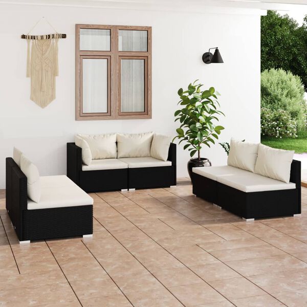 vidaXL 6-delige Loungeset met kussens poly rattan zwart