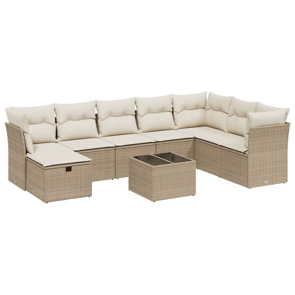 vidaXL 9-delige Loungeset met kussens poly rattan beige