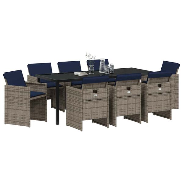 vidaXL Tuin eettafelset met kussen 9 pcs Grijs poly rattan