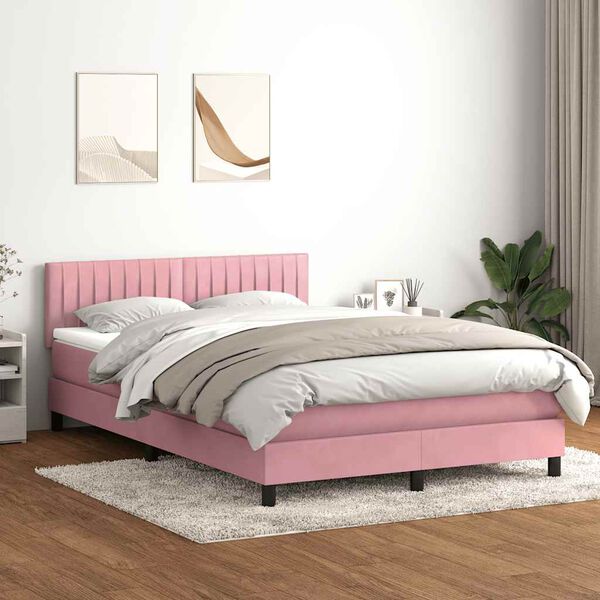 vidaXL Boxspring met matras en LED fluweel roze 140x220 cm