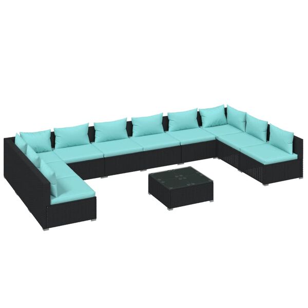 vidaXL 11-delige Loungeset met kussens poly rattan zwart