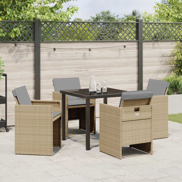 vidaXL Tuin eettafelset met kussen 5 pcs Beige poly rattan