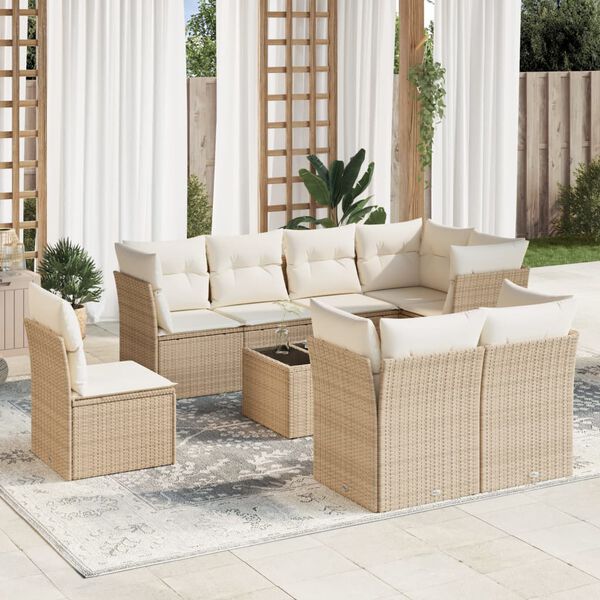 vidaXL 9-delige Loungeset met kussens poly rattan beige
