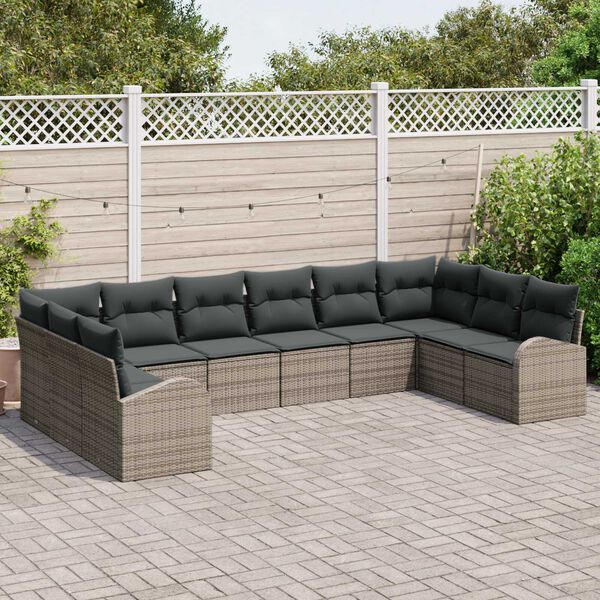 vidaXL Bankstel met kussen met opslag 10 pcs Grijs poly rattan