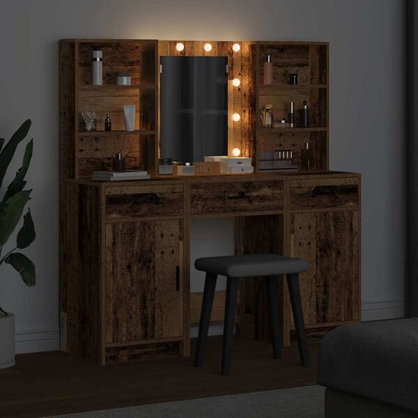 vidaXL Make-up tafel set met LED met lade 3 pcs Oudhout Bewerkt hout