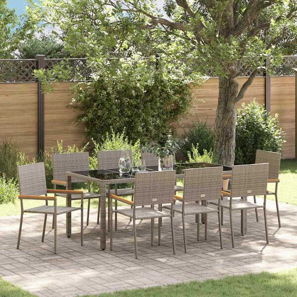 vidaXL Tuin eettafelset 9 pcs Grijs poly rattan