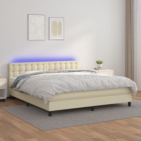 vidaXL Boxspring met matras en LED kunstleer cr&egrave;mekleurig 180x200 cm