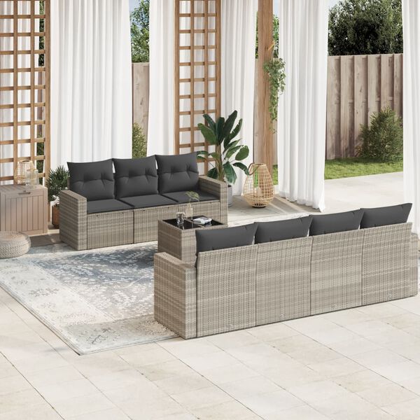 vidaXL 8-delige Loungeset met kussens poly rattan lichtgrijs