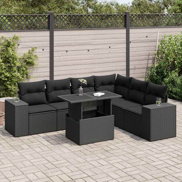 vidaXL 7-delige Loungeset met kussens poly rattan zwart