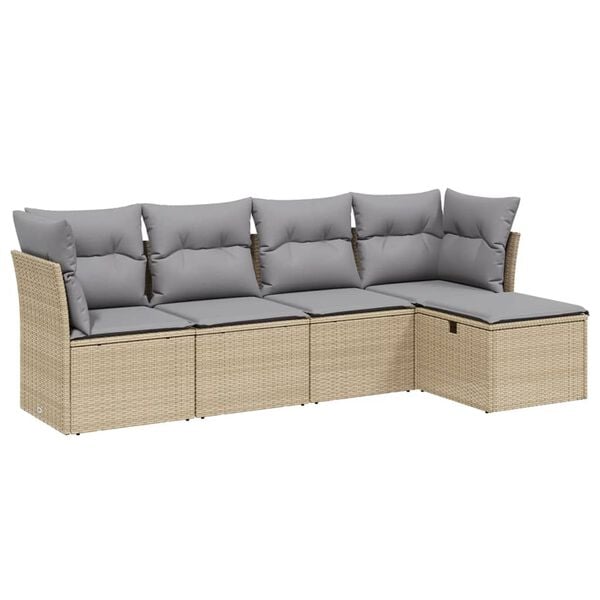 vidaXL 5-delige Loungeset met kussens poly rattan gemengd beige