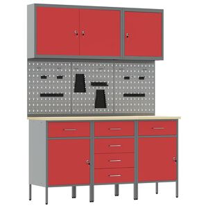 vidaXL Werk kast met lade 8 st Rood en Grijs Engineered hout en staal