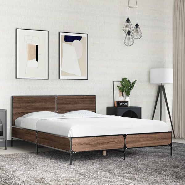 vidaXL Bedframe bewerkt hout metaal bruin eikenkleur 135x190 cm