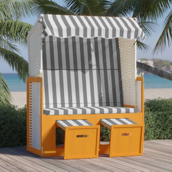 vidaXL Strandstoel met luifel poly rattan en massief hout wit en grijs