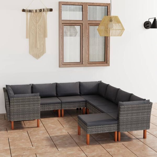 vidaXL 9-delige Loungeset met kussens poly rattan grijs