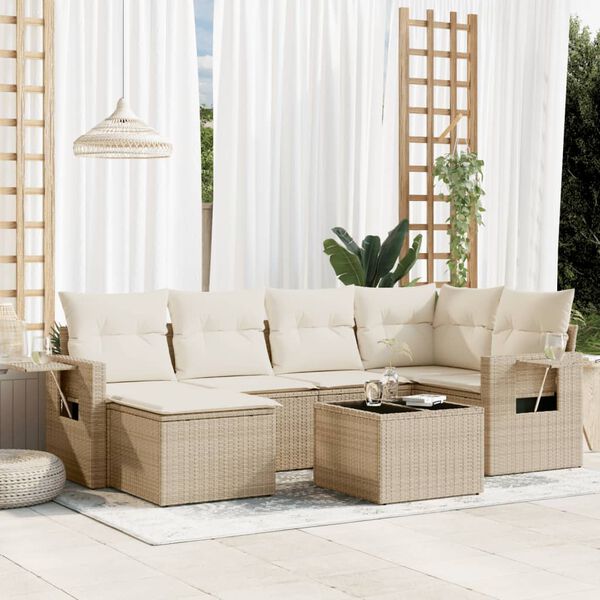 vidaXL 7-delige Loungeset met kussens poly rattan beige