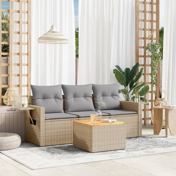 vidaXL 4-delige Loungeset met kussens poly rattan gemengd beige