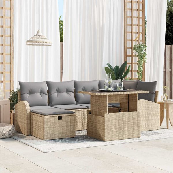 vidaXL Tuin Sofa Set met kussen met opslag 7 pcs Beige Poly riet