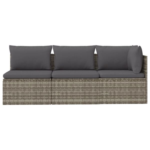 vidaXL 3-delige Loungeset met kussens poly rattan grijs