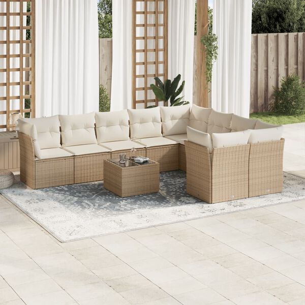 vidaXL 10-delige Loungeset met kussens poly rattan beige