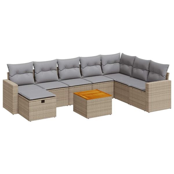 vidaXL 9-delige Loungeset met kussens poly rattan beige