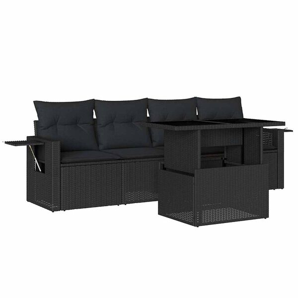 vidaXL 5-delige Loungeset met kussens poly rattan zwart