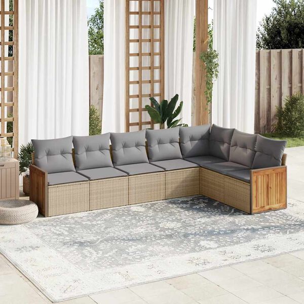 vidaXL 7-delige Loungeset met kussens poly rattan beige