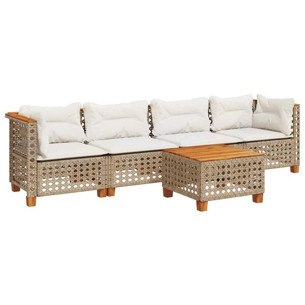 vidaXL 5-delige Loungeset met kussens poly rattan beige