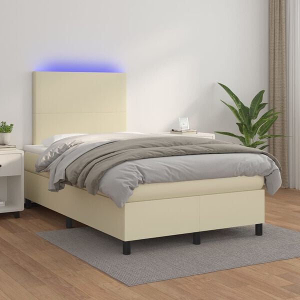 vidaXL Boxspring met matras en LED kunstleer cr&egrave;mekleurig 120x200 cm