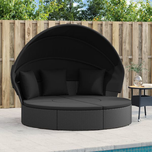 vidaXL Loungebed met luifel en kussens poly rattan zwart