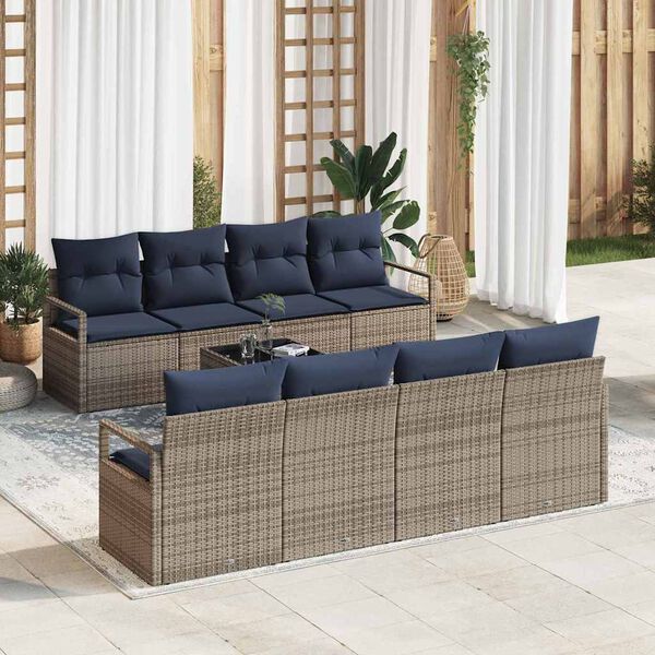 vidaXL Bankstel met kussen 7 pcs Grijs en Blauw poly rattan