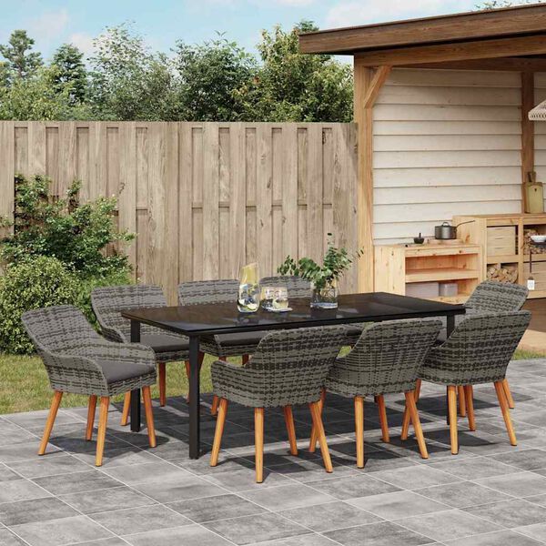 vidaXL Tuin Eetset met kussen 9 pcs Grijs poly rattan