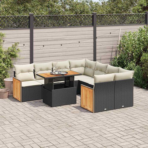 vidaXL 9-delige Loungeset met kussens poly rattan acacia zwart