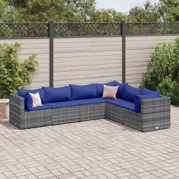 vidaXL 6-delige Loungeset met kussens poly rattan grijs