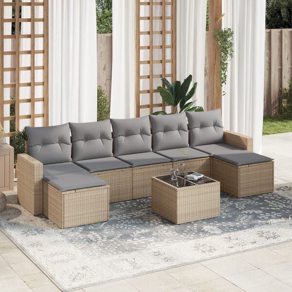 vidaXL 8-delige Loungeset met kussens poly rattan beige