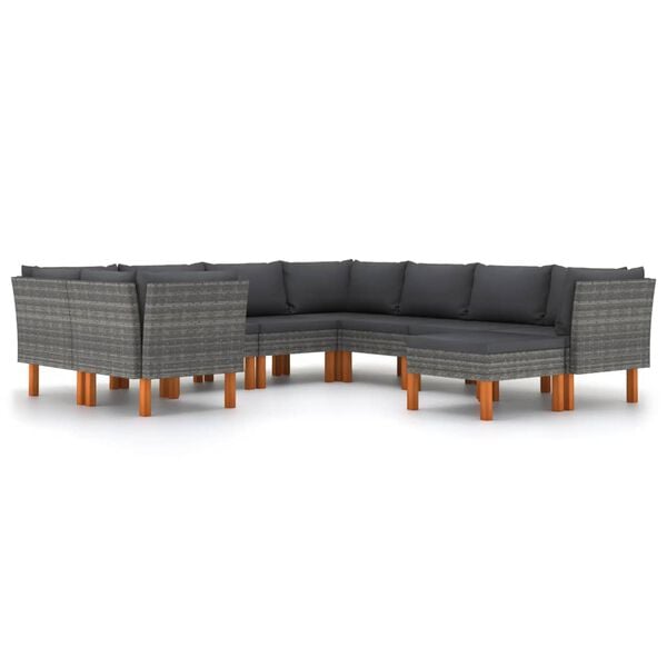 vidaXL 9-delige Loungeset met kussens poly rattan grijs